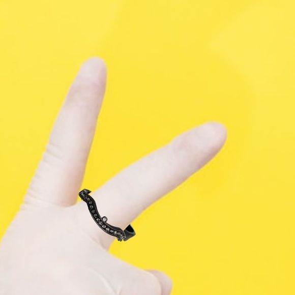 Goth Bridal Set Square Sapphire Round Diamond Simulants Black Gunmetal 2 ring - Picture 3 of 4